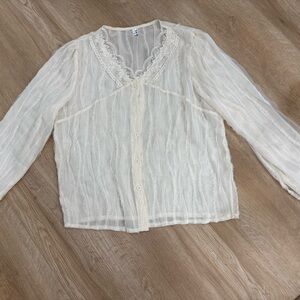 Sheer Lace-Trim Cream Button-Front Women's Top L